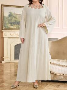 Al Najma Plus Size Elegant Faux Pearl Embroidered Detail Loose Dress, Autumn Kaftan Jalabiya Dress - Apricot - View 6