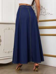 SHEIN SXY Women's Fashionable Casual Long Denim Skirt - Dark Wash - View 2