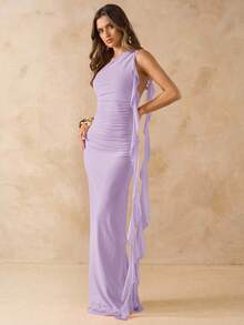 SHEIN BAE Asymmetric Ruched Backless Maxi Mesh Dress With Ruffle Hem, Elegant Women's Dress For Vacation & Beach, Spring/Summer - Mauve Purple - View 6