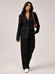 SHEIN Tall Bộ vest quần dài tay rộng rãi họa tiết màu đen tối giản dành cho nữ trẻ, phong cách cơ bản thường ngày khi đi làm - màu đen - Xem 4