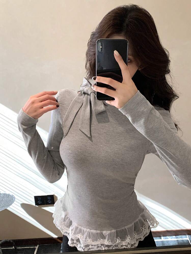 Women's Knotted Collar Long Sleeve Ruffle Hem Fitted T-Shirt