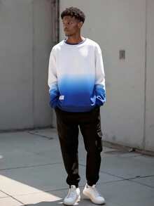 Vacaura 2pcs/Set Teenage Boys Casual Blue & White Ombre Pullover T-Shirt Set With Woven Cargo Pants, Fashionable & Suitable For Daily Wear, Commuting, School - Multicolor - View 1