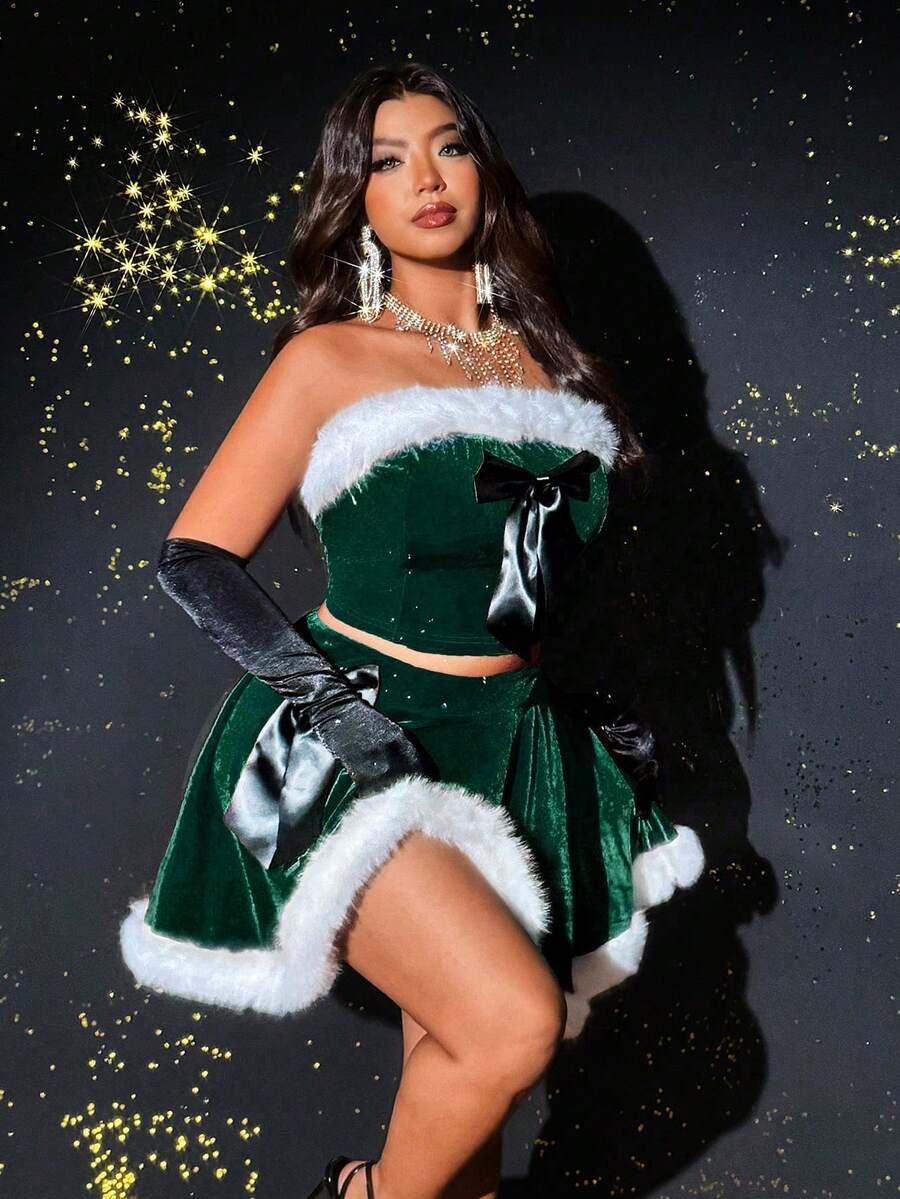 Viva Relle Bộ 2 món đồ dự tiệc Giáng sinh gợi cảm không tay cỡ lớn - Màu xanh lá cây đậm - Xem 1