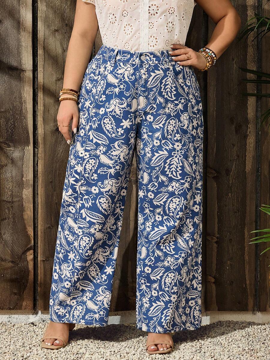 EMERY ROSE Plus Size Women Floral Print Loose Straight Leg Jeans - Multicolor - View 1