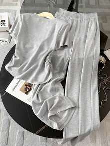 SHEIN Women's Solid Color Round Neck Short Sleeve Ruched T-Shirt And Pants Casual 2-Piece Set - Grey - View 2
