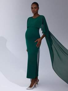 Cheriluna Maternity Solid Color Long Maternity Dress With Shawl Sleeves, Green Pleated - Green - View 7