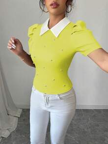 Elenzga Elegant Daily Wear Collared Black & White Contrast Bubble Beaded Fitted Women T-Shirt - Yellow - View 3