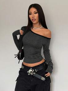 StreetHx 2pcs Asymmetric-Shoulder Long Sleeve T-Shirt, Punk Rock Striped Black - Multicolor - View 6