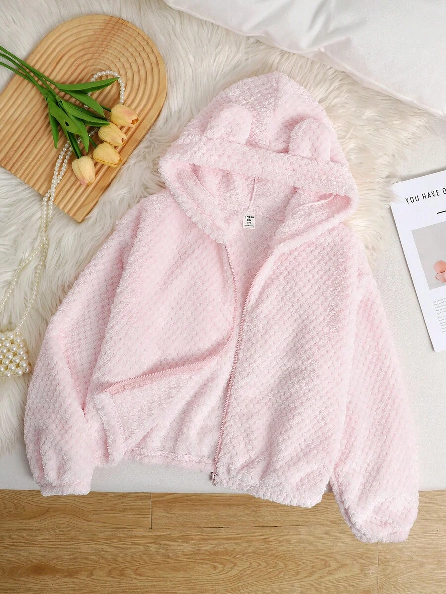 SHEIN Tween Girls' Casual Reversible Thermal Lined Thick Cute 3D Ear Hooded Short Teddy Jacket Coat, Autumn/Winter, Girl Plush Sweater, Hooded Pink Outerwear, Pink Plush Jacket, Girls Zip Up Hoodie, Tween Plush Jacket, Girls Sweater Jacket, Hooded Zipper Outerwear - Baby Pink - View 1