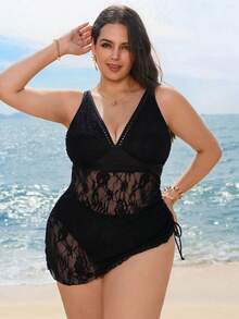 Swim Lushoire Plus Size Women 2pcs Solid Color Elegant Beach/Pool Swimsuit - Black - View 3