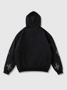 ROMWE MEN Men's Rhinestone Cross Graphic Zip Front Drawstring Hoodie Sweatshirt - Black - View 2