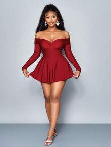 SOLERSUN 女士冬装优雅通勤情人节新年派对女士秋冬女士性感单肩连体裤，腰部修身荷叶边安格拉红色迷你假裙连体裤， - 酒紅色 - 查看 6