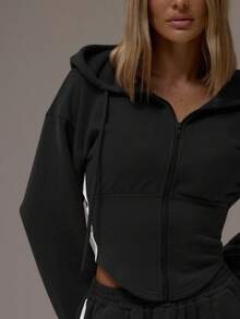 MUSERA Balloon Sleeve Contrast Pipping Cinched Waist Hooded Sweatshirt Casual, Airport, Loungewear, Back To School, Fall  Lounge Winter Valentines Elegant - Black - View 2