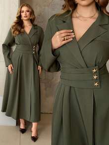 Roveilla 大码女式褶裥翻领腰部收褶A字长袖连衣裙，饰有星星图案，优雅法式复古办公室通勤商务休闲街头风，百搭复古时尚秋冬连衣裙，适合派对、圣诞节、感恩节、新年等场合。