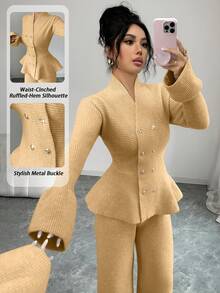 Elenzga 两件套：优雅休闲通勤蓝色立领喇叭袖收腰开衫和直筒针织衫，秋冬款 - 卡其色 - 查看 3