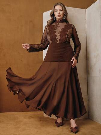  Vestido maxi elegante y romántico de Anewsta con mangas largas, ajustado, con aplicaciones de encaje y volantes en el bajo, adecuado para otoño, invierno, primavera, Año Nuevo, fiestas, bodas, elegante, chic, con estilo, Navidad, festivales, vacaciones