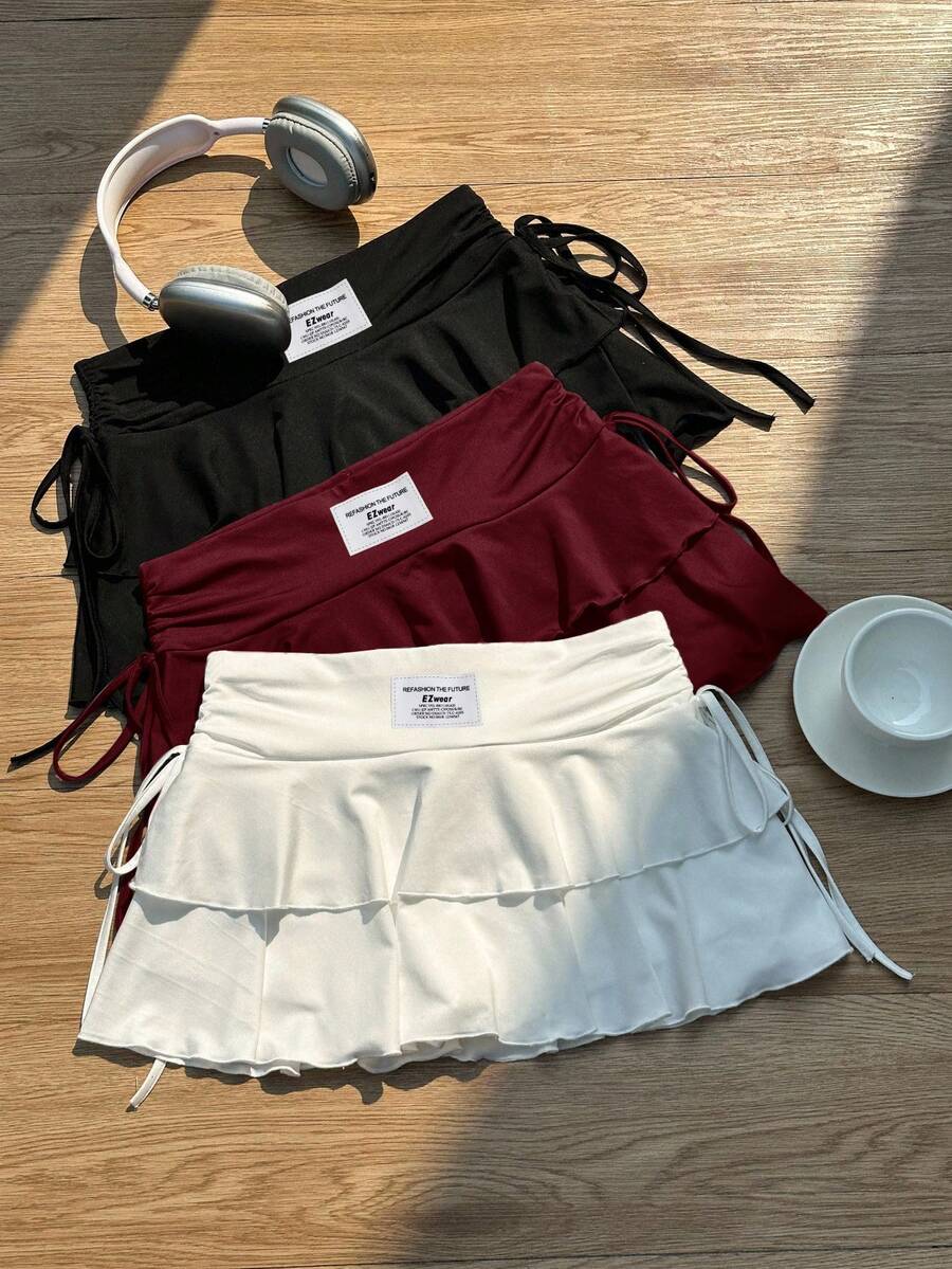 SHEIN EZwear 三件套女士休闲简约褶皱腰A字裙，黑色、白色、酒红色可选，适合音乐会、游轮、夜店等场合。 - 彩色 - 查看 1