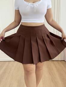 CovetEZ Plus Size Women Brown Pleated Mini Skirt, Collegiate Style - Brown - View 5