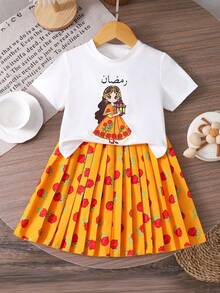 SHEIN Middle Eastern Print Girls T-Shirt Top & Pleated Floral Skirt Set, Suitable For Middle Eastern, Party, Festival Wear - Mustard Yellow - View 3