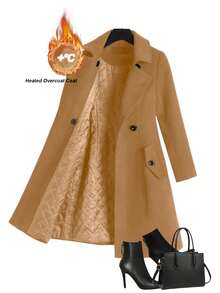 SHEIN Clasi 大码纯色简约日常保暖长袖外套 - 卡其色 - 查看 1