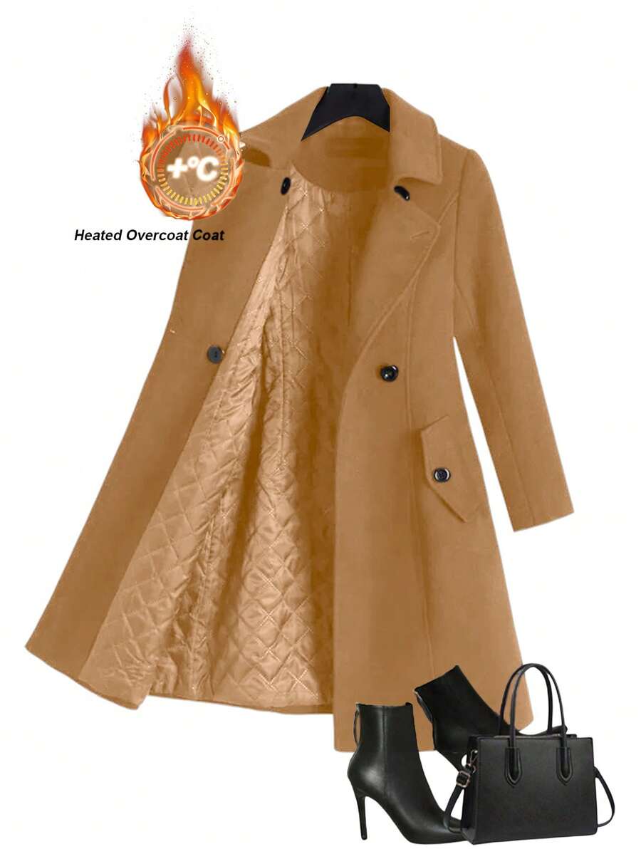 SHEIN Clasi 大码纯色简约日常保暖长袖外套 - 卡其色 - 查看 1