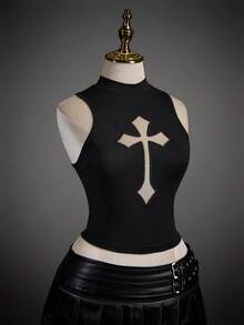 SHEIN ICON 女士修身休闲交叉网眼立领背心 - 黑色 - 查看 6