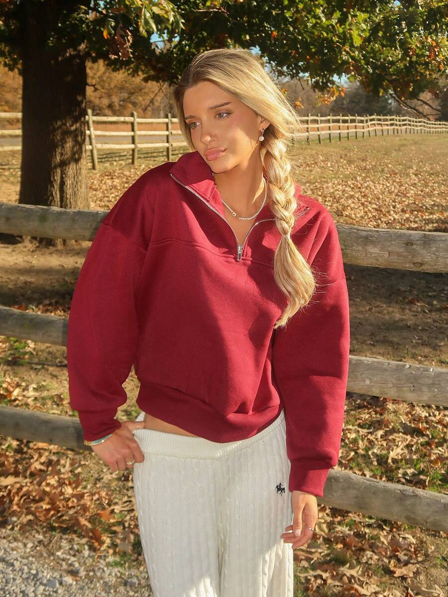 Sydney Algeri 女士宽松拉链连帽衫 - 酒紅色 - 查看 1