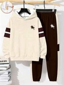 Bộ áo hoodie dài tay rộng rãi thoải mái cho bé trai, phong cách tối giản, cổ điển, thời trang, phong cách cá tính, logo ngựa con, phong cách Mỹ cổ điển, thể thao, phối màu, phù hợp cho mùa thu/đông - Nhiều màu - Xem 2