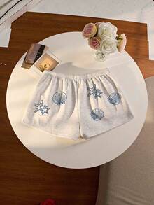 Seascape Print Shell Pattern Sports Shorts Set, Beach Shorts, Coastal Grandma Ocean Apparel, Gift For Ocean & Beach Lovers, Ocean Surf Aesthetic Women Shorts - Light Grey - View 2