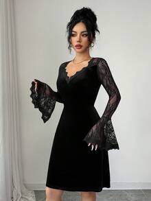 Modelyn 女士秋冬蕾丝拼接天鹅绒V领荷叶袖修身时尚连衣裙 - 黑色 - 查看 6