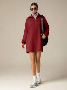 Hanevo Autumn/Winter New Casual Street Minimalist Commute Lazy Back To School High Collar Zipper Half-Open Hem Pullover Long Sleeve H-Shaped Loose Sweatshirt & Women Shorts Dress Set - Burgundy - View 6