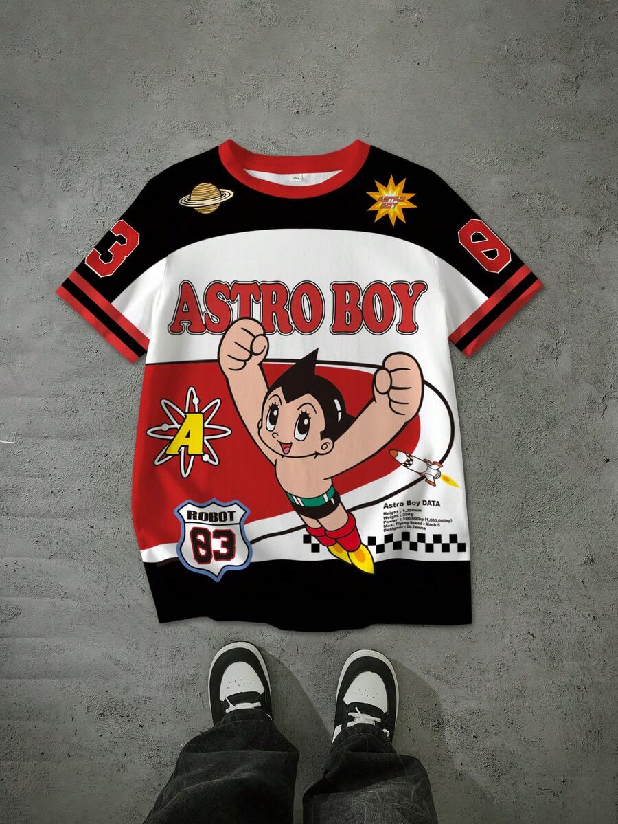 Astro Boy X SHEIN Camiseta de cuello redondo de manga corta con estampado de dibujos animados informal para niño preadolescente, adecuada para el verano - Multicolor - Ver 1