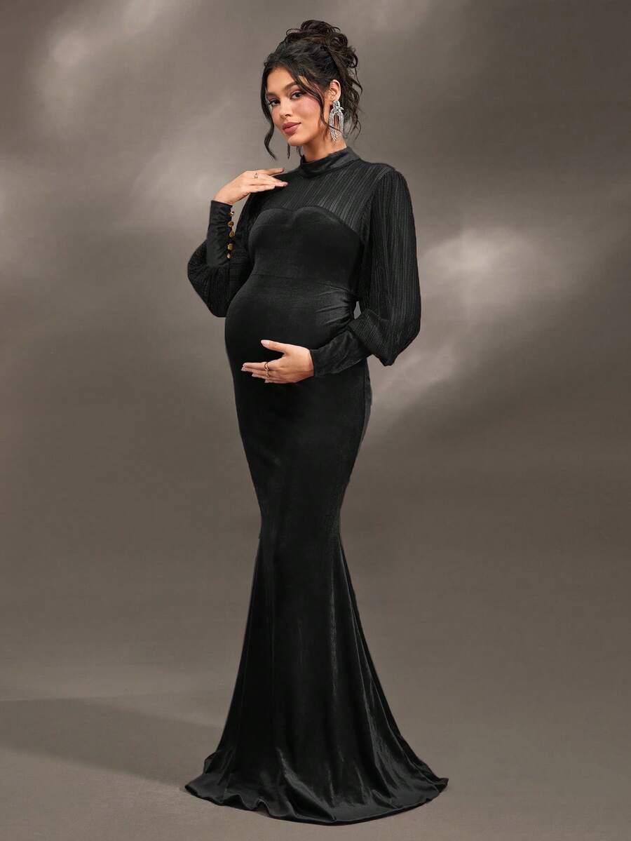 Cheriluna Maternity Maternity Long Sleeve Stand Collar Backless Fishtail Dress, Suitable For Christmas Party, Elegant Party, Baby Shower - Black - View 1