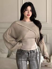 DAZY 2pcs Knitted Cover Up & Camisole Set, Casual Elegant Design Criss-Cross Knit Top, Fitted Women Sweater, Suitable For Autumn, Spring, Summer - Khaki - View 9