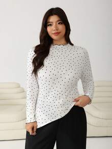 SHEIN EZwear Damska prążkowana koszulka z długim rękawem w groszki