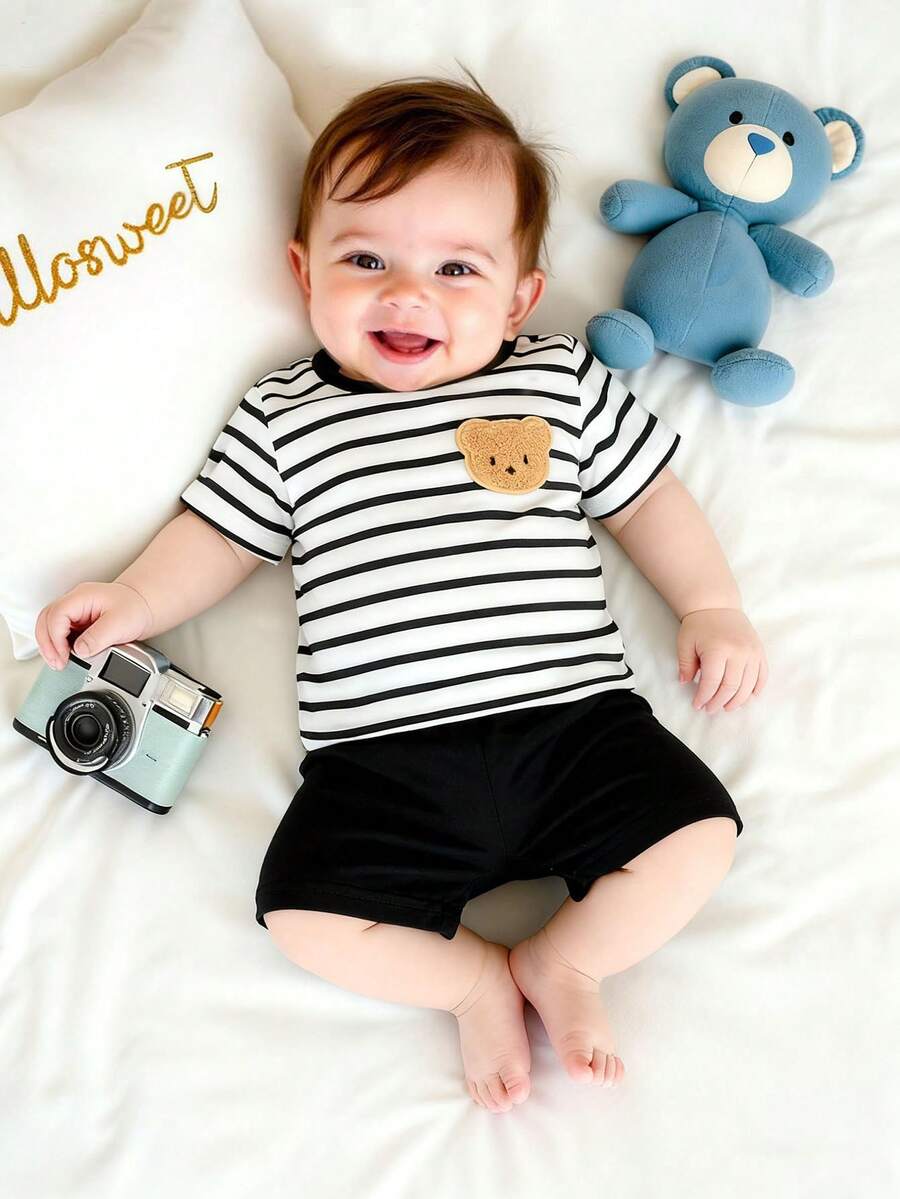 SHEIN 新生儿短袖套装，黑白条纹男婴T恤两件套，婴儿小熊刺绣夏季新品 - 黑色 - 查看 1