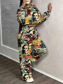 Slaydiva Bộ đồ thể thao 2 món phong cách đường phố retro thường ngày cỡ lớn dành cho nữ, phù hợp cho mùa thu/đông, họa tiết thời trang đường phố - Nhiều màu - Xem 7