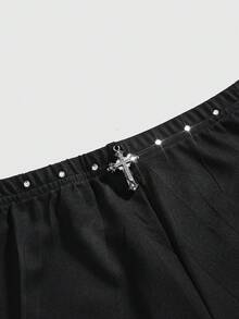 ROMWE Grunge Punk Women's Ultra Low Waist Skinny Rhinestone Cross Pattern Mini Shorts - Black - View 3