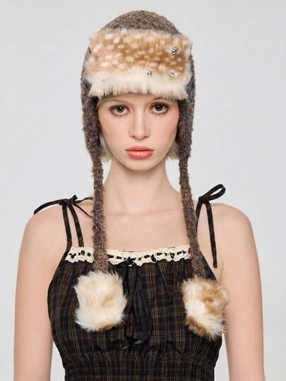 Fairycore 1pc Y2K Chic Deer Pattern Metal Rivet Decor Minimalist Warm Fleece Beanie Hat, Suitable For School, Casual, Commute, Travel