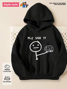 SHEIN 大童黑色长袖连帽衫，休闲时尚创意简约卡通火柴棒图案字母印花套头衫 - 黑色 - 查看 7