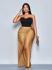 SOLERSUN Gold Plus Size Women's Elegant Summer Rave Asymmetrical Front Slit Glossy Stretch Skirt,Luxury Evening Dress For Christmas Birthday Party Wedding - Coffee Brown - View 5
