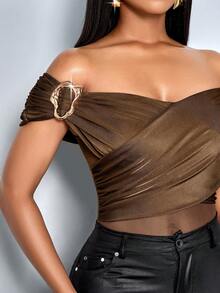 SOLERSUN Tuta elegante e sexy da donna con accessori in metallo in vita, adatta per l'ufficio e il tempo libero, manica lunga, colore marrone, ideale per feste e occasioni speciali - Castano - Visualizzare 3