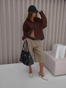 MUSERA Oversized Cotton Poplin Cinched Hem Balloon Sleeve Shirt Classy Cute Sexy Streetwear Fall Autumn Night Out Winter  Party ,Elegant - Brown - View 3