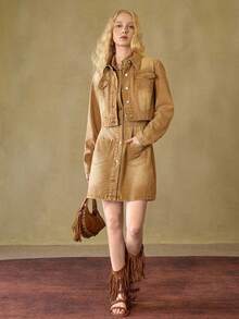 MOTF STUDIO WOMEN'S TURNDOWN COLLAR WASHED LONG SLEEVE DENIM JACKET, AUTUMN/WINTER - Yellow - View 6