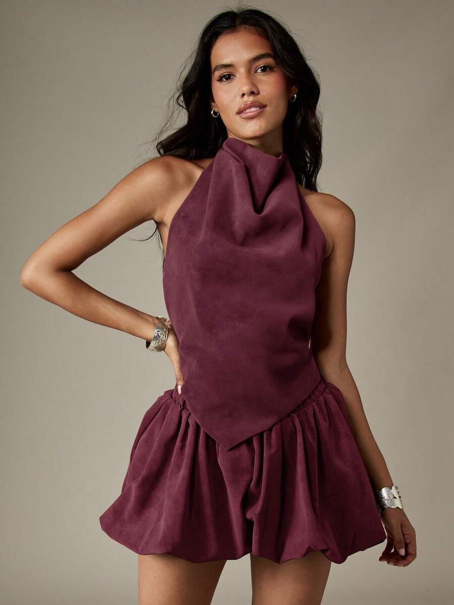 MISSGUIDED Burgundy Halter Neck Two Piece Coord Backless Top Drop Waist Ruffle Hem Mini Skirt Set - Burgundy - View 1