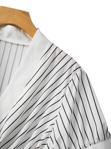 GlowEve CURVE Fashionable Casual French Retro Elegant Commuting Striped Bow Tie Blouse - White - View 4