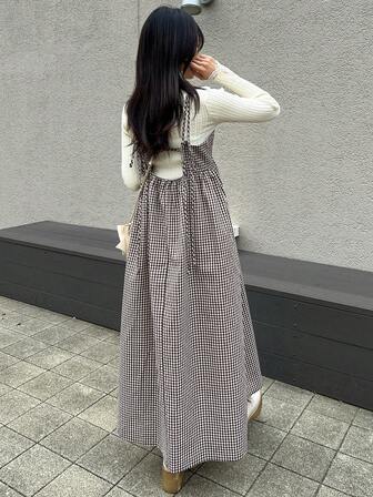 FRIFUL Women's Plaid Strap Pinafore Dress, Hollow Back Tie-Up Bow Pleated Flared Dress, Casual Versatile Long Dress For Autumn/Winter Summer Women Dresses