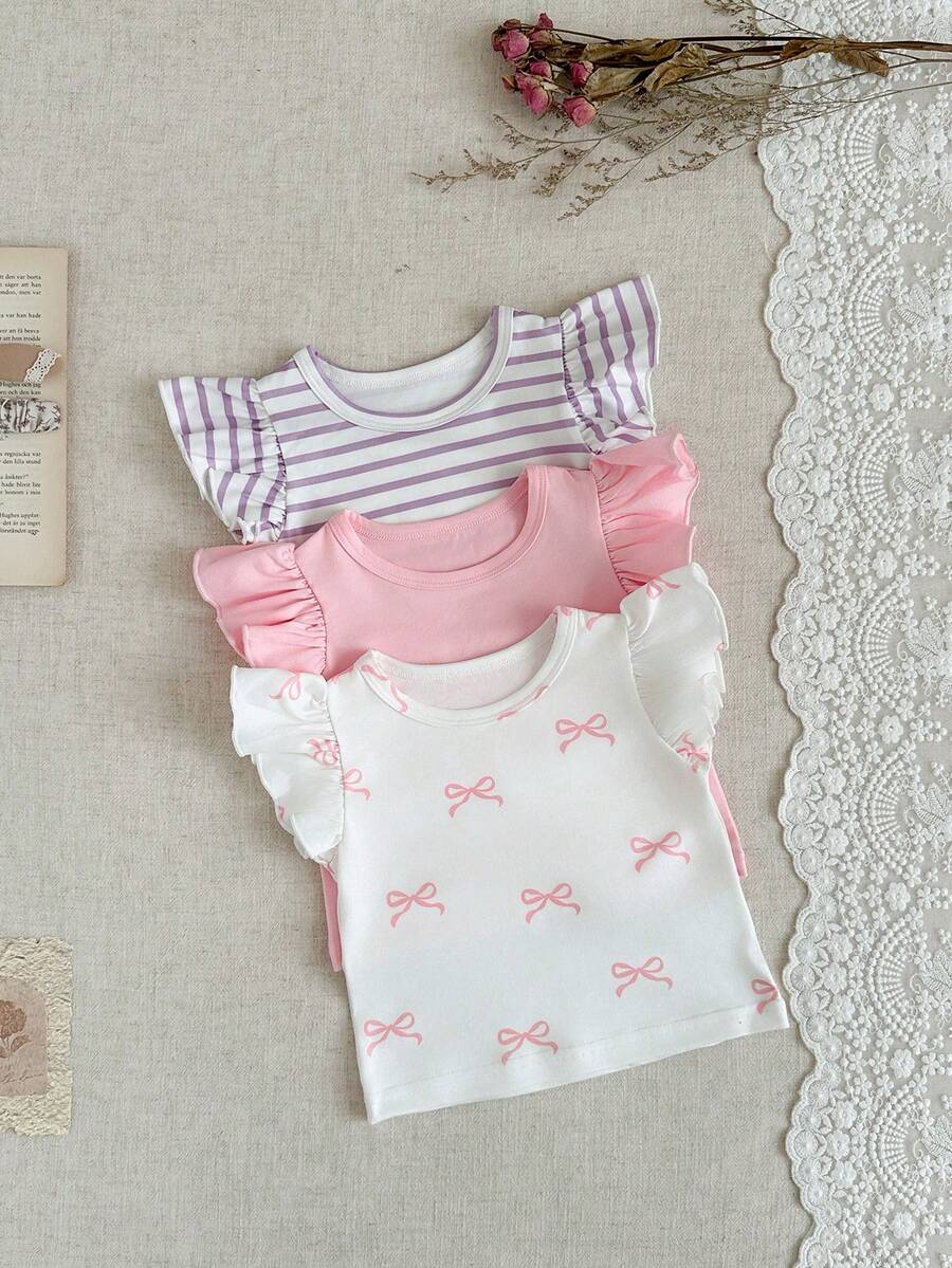SHEIN Playful Pals 3件組女嬰夏季服裝可愛粉白條紋荷葉邊套頭T恤返校季畢業季3M-3Y時尚穿搭 - 彩色 - 查看 1