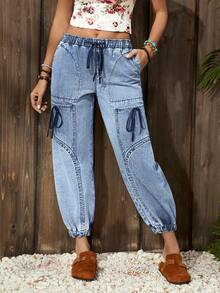 EMERY ROSE Women's Elegant Casual Distressed Denim Jeans With Multiple Pockets And Bow Tie Waist Design, Relaxed Fit - Blue - View 4