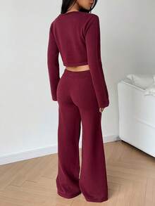 SHEIN MOOSTA Women's Casual Fashion Versatile Commute Elegant Criss-Cross Tie Warm Soft Knit Cardigan And Pants Two Pieces Sweater Set, Autumn/Winter - Burgundy - View 2